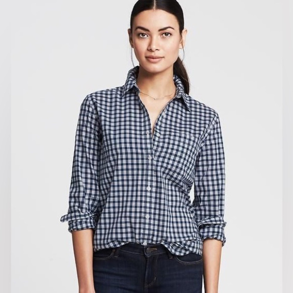 BANANA REPUBLIC Women's Soft Wash Blue & White Checkered Plaid Button‎ Down, MP